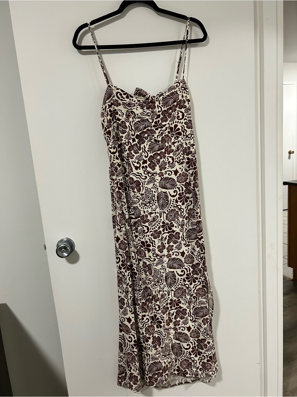 Cream Maxi Dress with Brown Floral Print and Spaghetti Straps